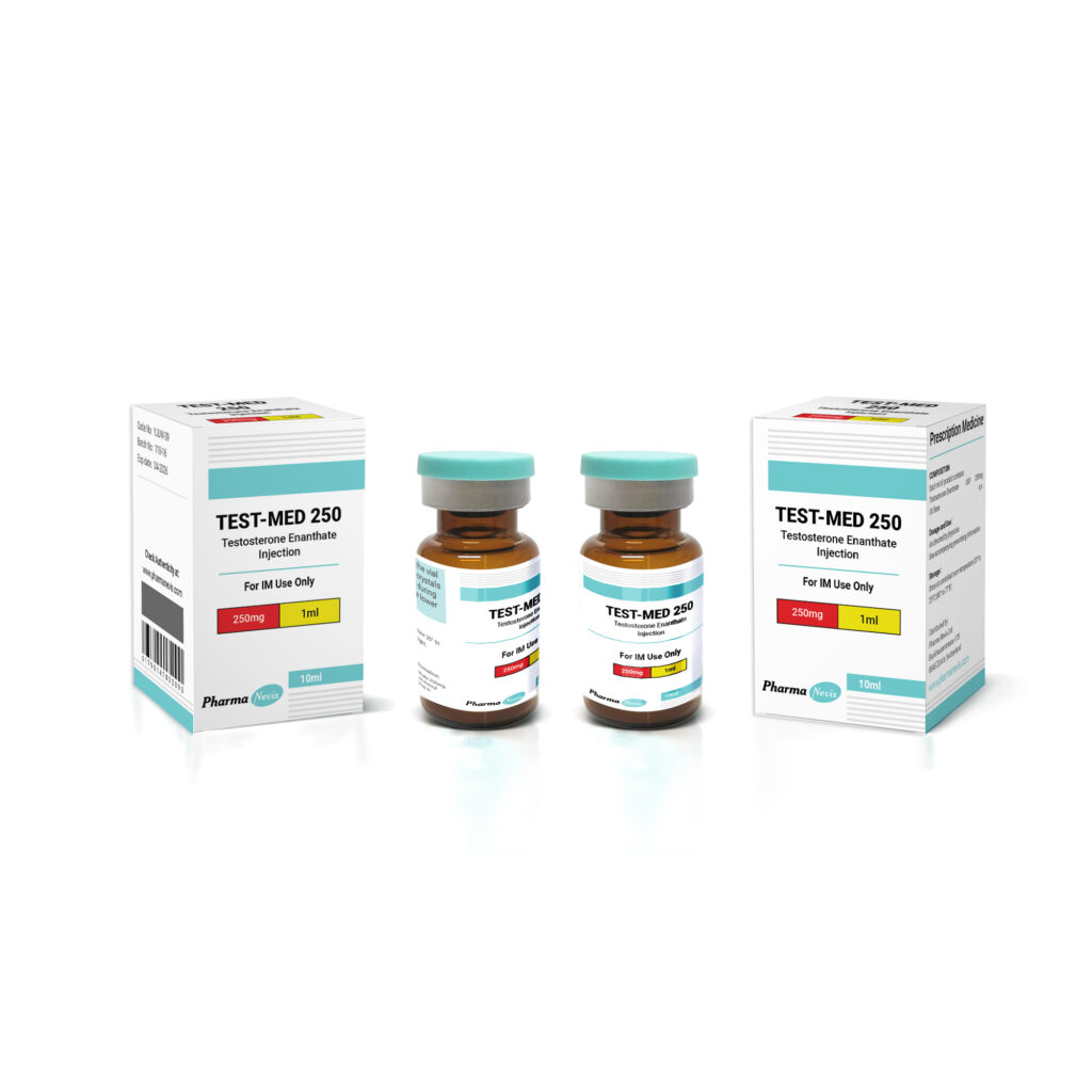 TEST-MED 250 vial by Pharma Nevis, featuring a blend of Testosterone Enanthate, Decanoate, Phenylpropionate, Isocaproate, and Propionate for enhanced muscle growth and performance.